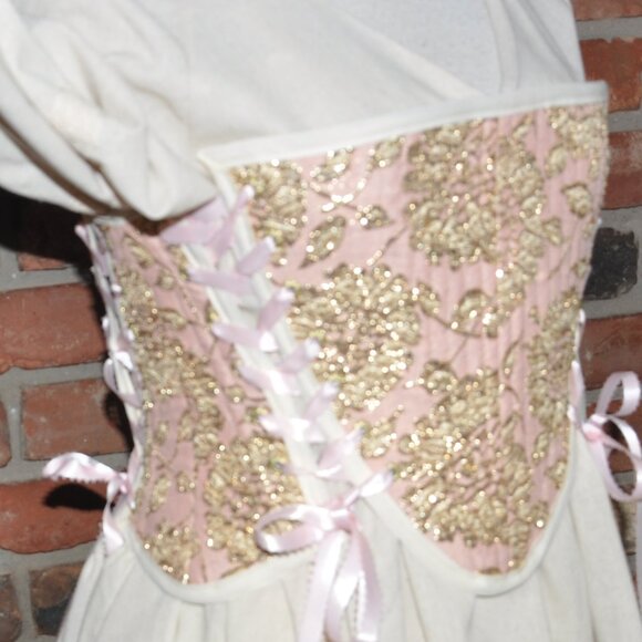 2 sided, Lace-up, Bustier Corset, Pink & Gold, Neutral Floral Tapestry Siez 6 S - Picture 3 of 12